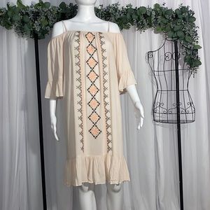 New Peachy Pink and Gray Embroidered Dress